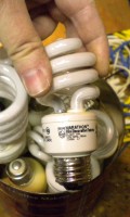 Closeup of one of the failed CFL bulbs, showing manufacturer