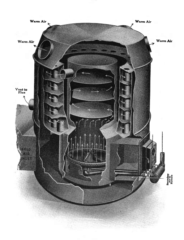 A cutaway diagram of a Lamneck central heating gas furnace. 